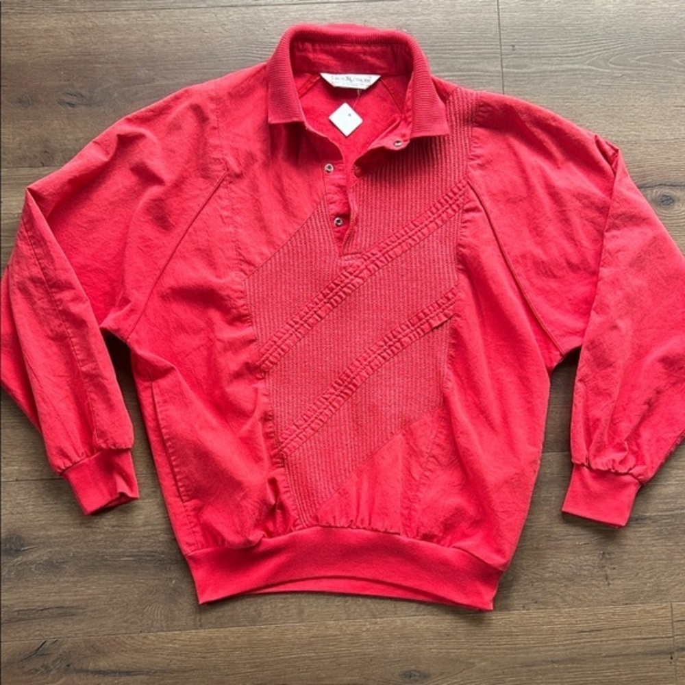 Great Cavalier Red Knit-Panel Crewneck Sweater with Polo Collar ! Large